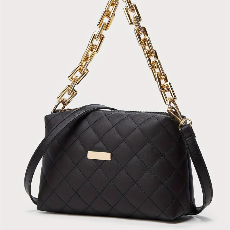 Argyle Quilted Crossbody Bag Chain Decor Square Purse Women's PU Leather Handbag