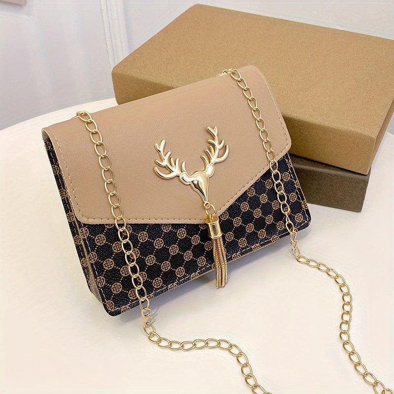 Tassel Deer Decor Crossbody Bag Chain Shoulder Bag Women's Printed Square Purses