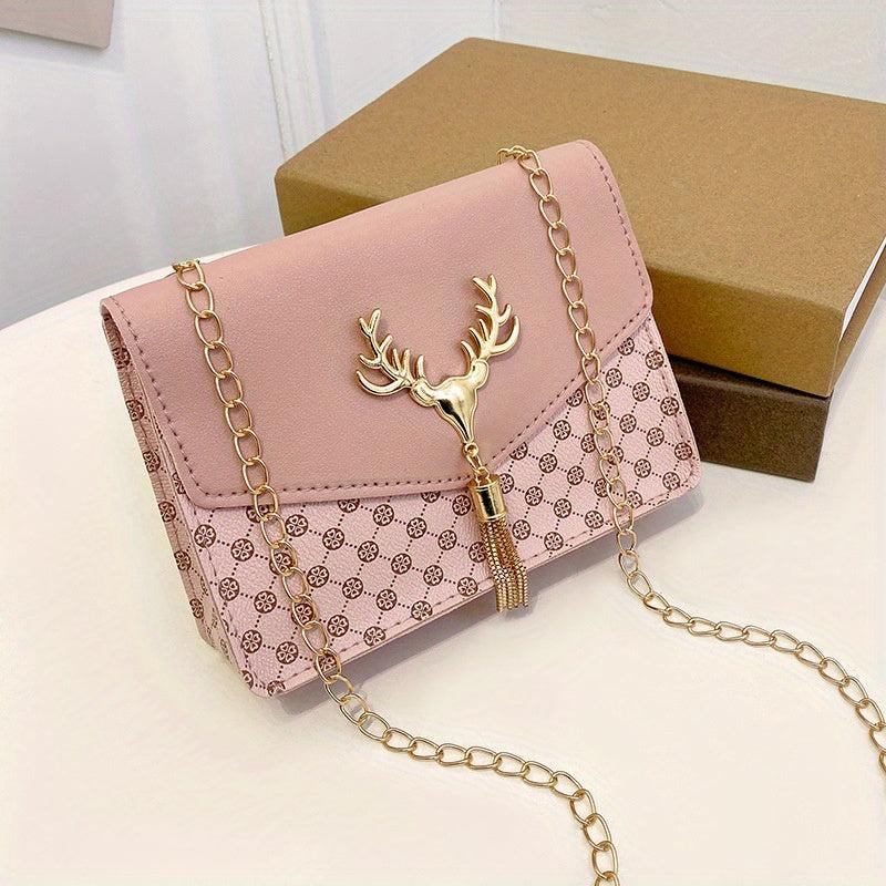 Tassel Deer Decor Crossbody Bag Chain Shoulder Bag Women's Printed Square Purses