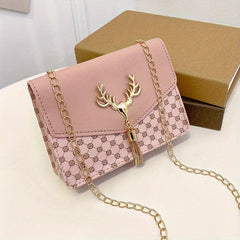 Tassel Deer Decor Crossbody Bag Chain Shoulder Bag Women's Printed Square Purses
