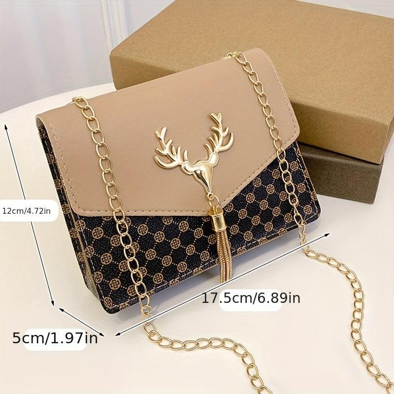 Tassel Deer Decor Crossbody Bag Chain Shoulder Bag Women's Printed Square Purses