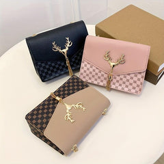 Tassel Deer Decor Crossbody Bag Chain Shoulder Bag Women's Printed Square Purses