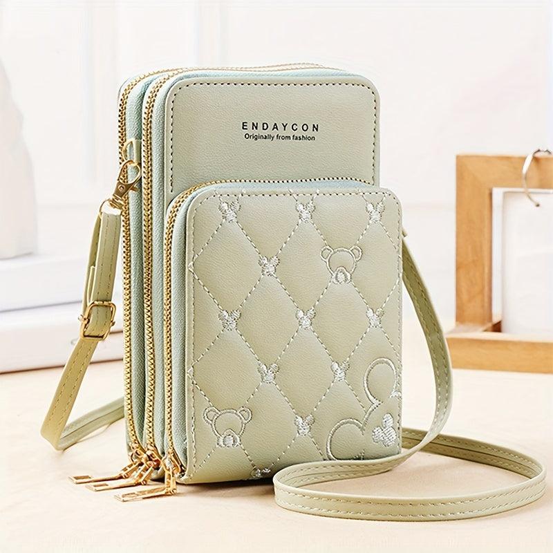 Heart Embroidery Vertical Wallet Mini Zipper Around Crossbody Purse
