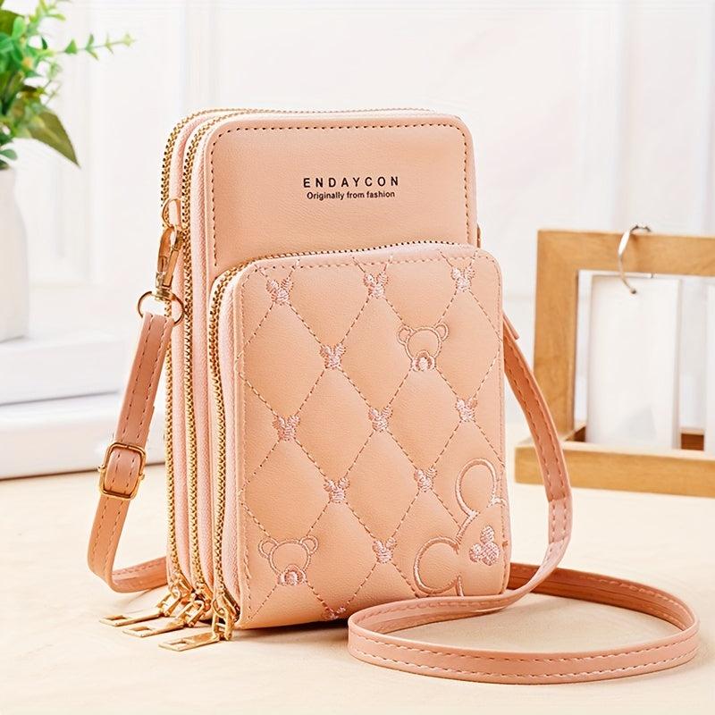 Heart Embroidery Vertical Wallet Mini Zipper Around Crossbody Purse