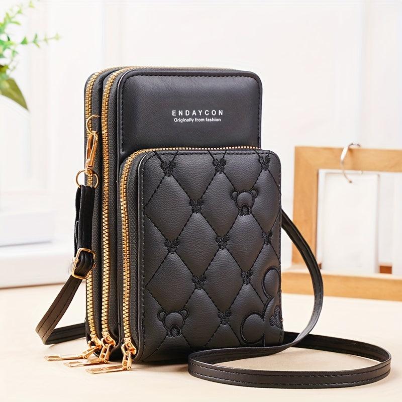 Heart Embroidery Vertical Wallet Mini Zipper Around Crossbody Purse