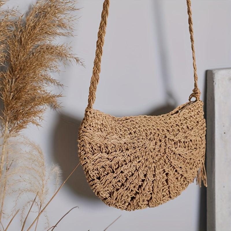 Boho Style Straw Crossbody Bag Hollow Out Purses