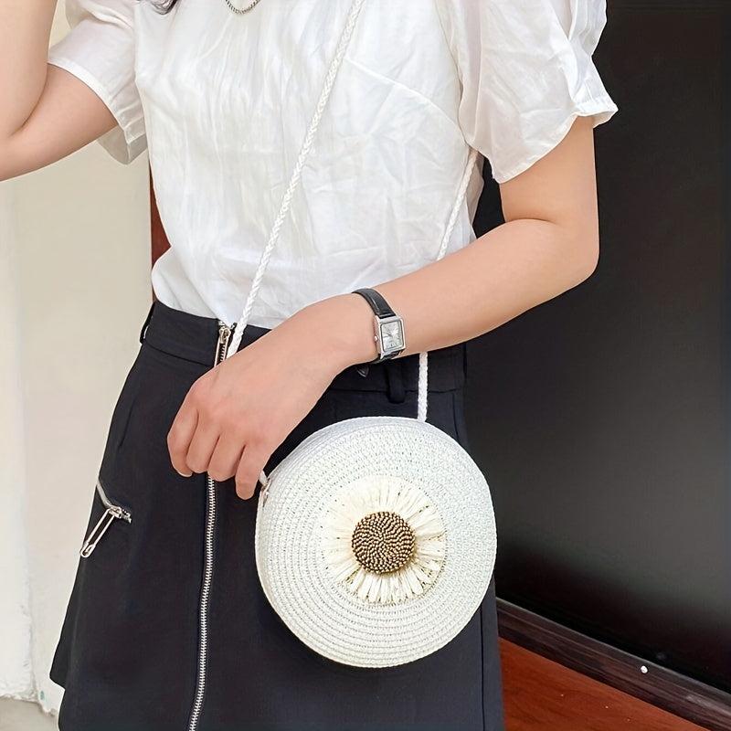 Mini Flower Beach Bag Straw Woven Crossbody Purse Handbag for Travel & Vacation