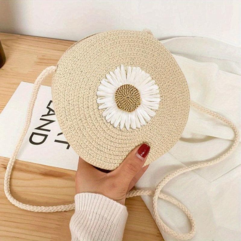Mini Flower Beach Bag Straw Woven Crossbody Purse Handbag for Travel & Vacation