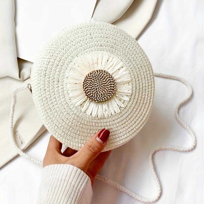 Mini Flower Beach Bag Straw Woven Crossbody Purse Handbag for Travel & Vacation