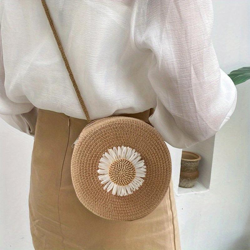 Mini Flower Beach Bag Straw Woven Crossbody Purse Handbag for Travel & Vacation