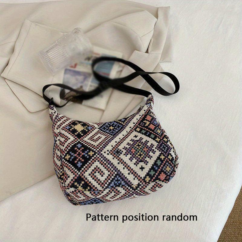Geometric Pattern Crossbody Bag Ethnic Style Canvas Hobo Bag