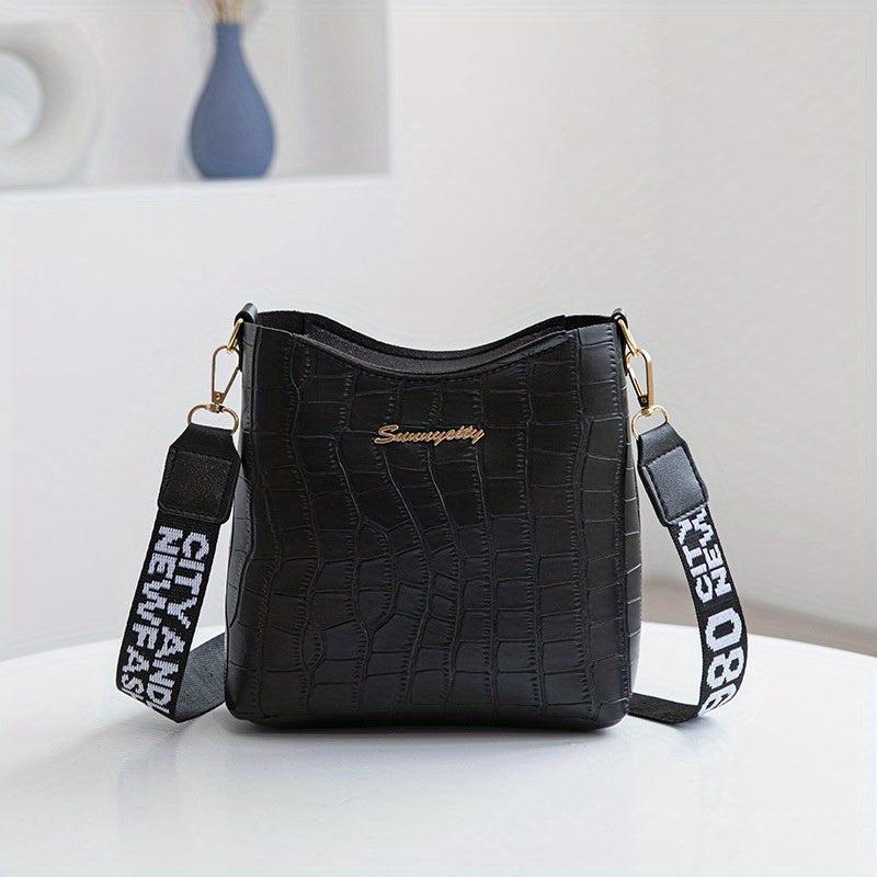Crocodile Pattern Bucket Bag Wide Strap Mini Crossbody Purse