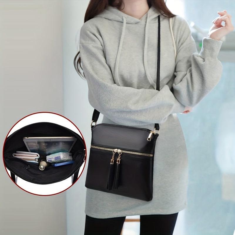 Solid Square Bag Tassel Zipper Shoulder Crossbody Bag