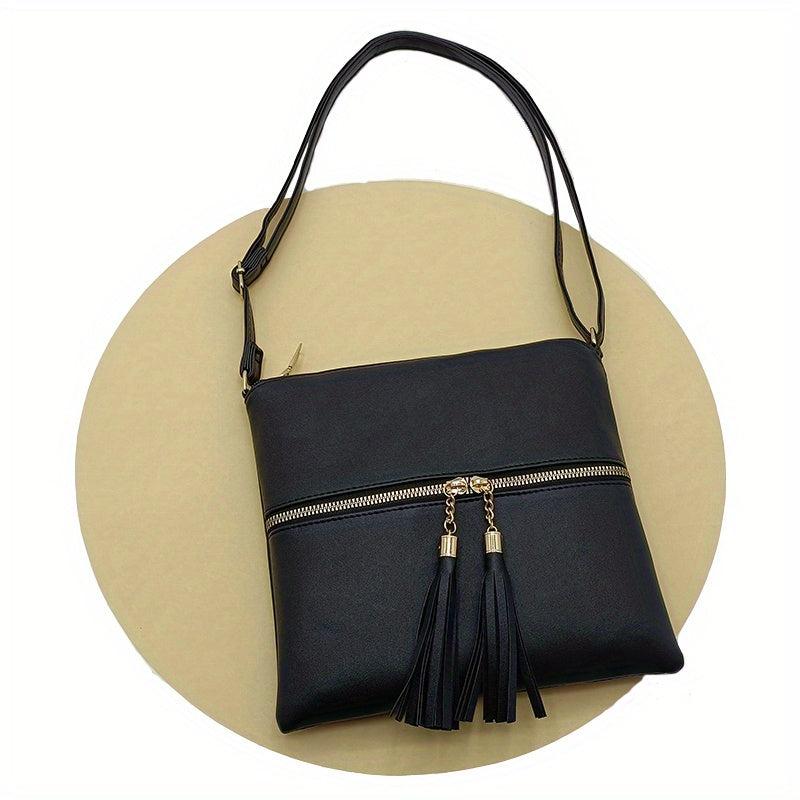 Solid Square Bag Tassel Zipper Shoulder Crossbody Bag