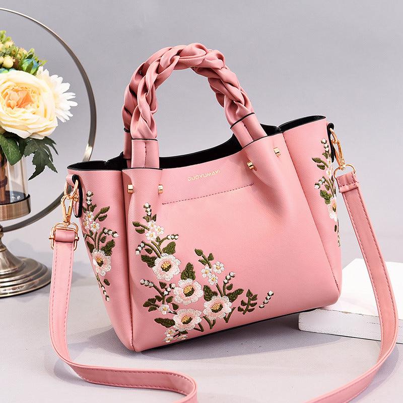 Flower Embroidery Durable Shoulder Bag Double Handle Tote Handbag