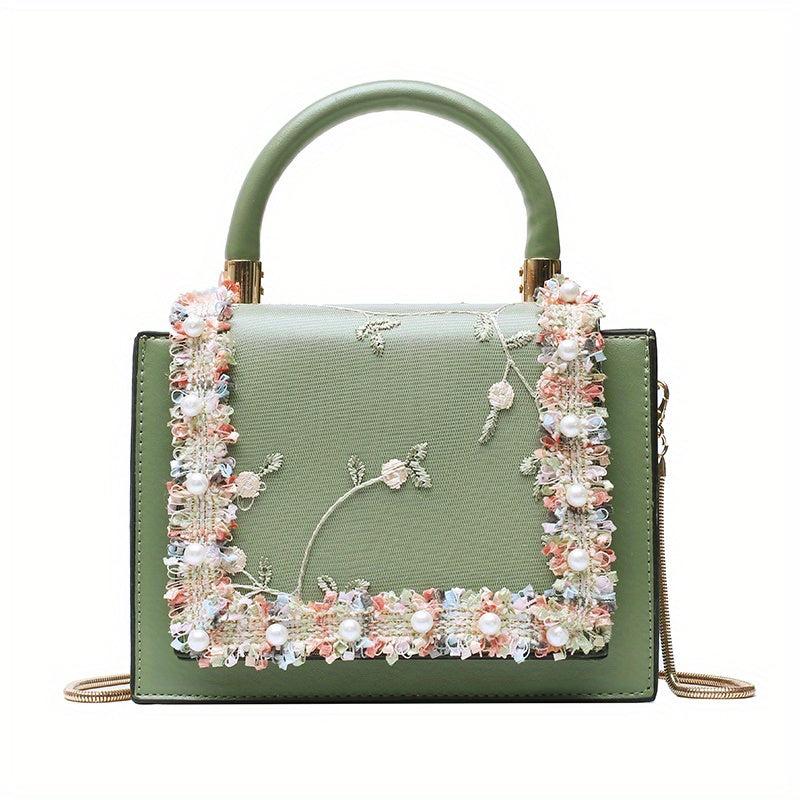 Flower Embroidered Shoulder Bag Lace Decor Square Crossbody