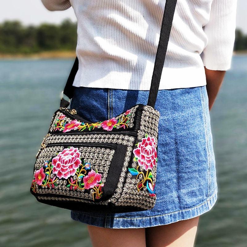 Vintage Flower Embroidered Hobo Shoulder Bag Women's Bag for Travel