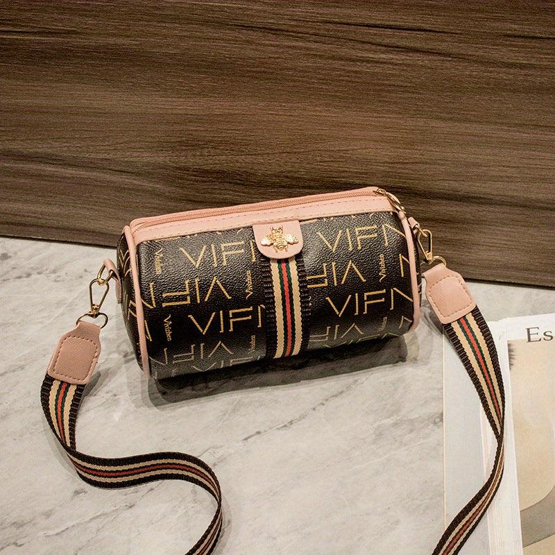 Vintage Print Cylinder Bag PU Leather Crossbody Women's Shoulder Handbag