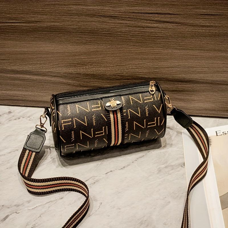 Vintage Print Cylinder Bag PU Leather Crossbody Women's Shoulder Handbag