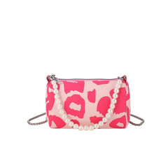 Leopard Pattern Chain Crossbody Bag Metal Pearl Purse Underarm Shoulder Bag