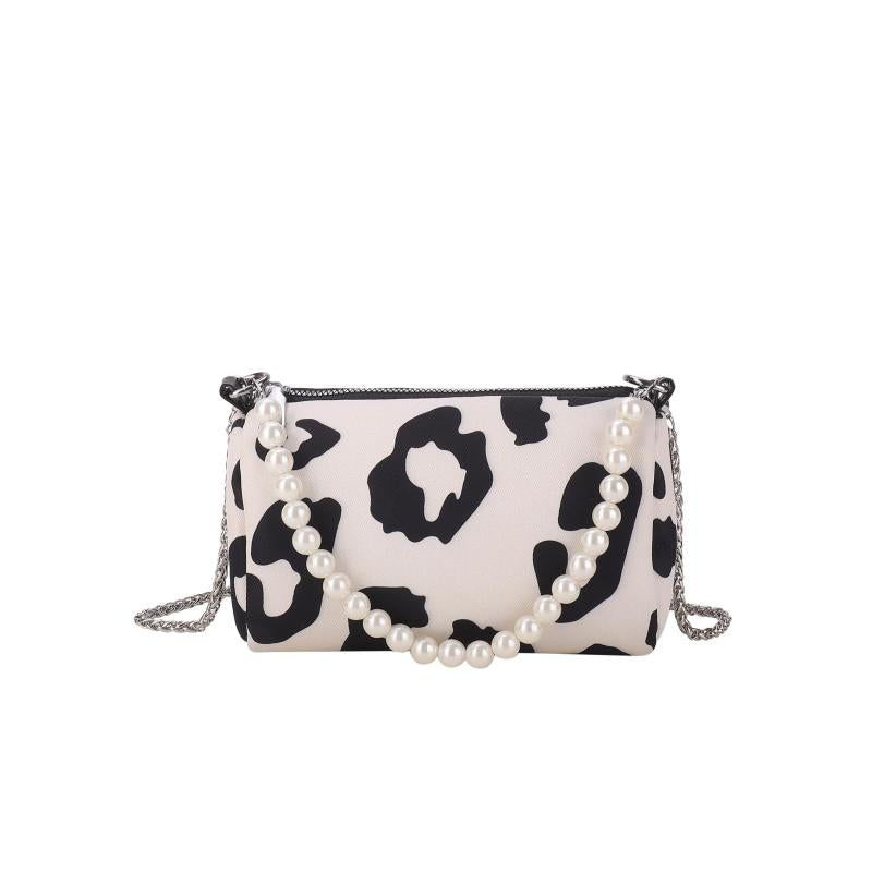 Leopard Pattern Chain Crossbody Bag Metal Pearl Purse Underarm Shoulder Bag