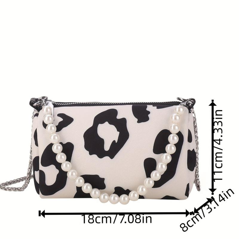 Leopard Pattern Chain Crossbody Bag Metal Pearl Purse Underarm Shoulder Bag