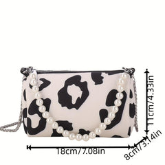 Leopard Pattern Chain Crossbody Bag Metal Pearl Purse Underarm Shoulder Bag