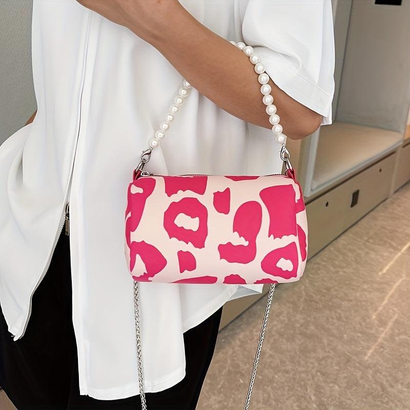 Leopard Pattern Chain Crossbody Bag Metal Pearl Purse Underarm Shoulder Bag