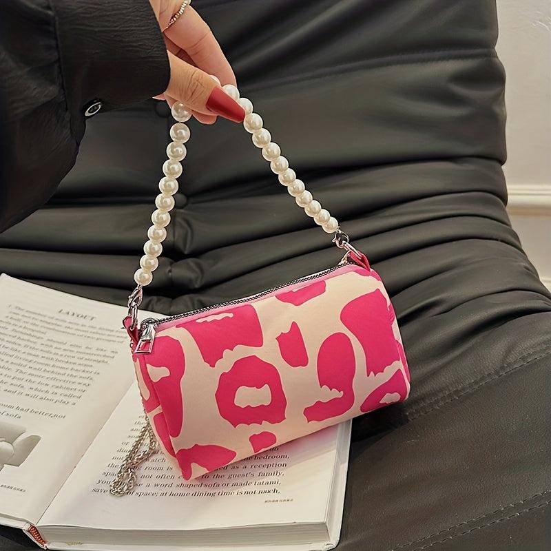 Leopard Pattern Chain Crossbody Bag Metal Pearl Purse Underarm Shoulder Bag