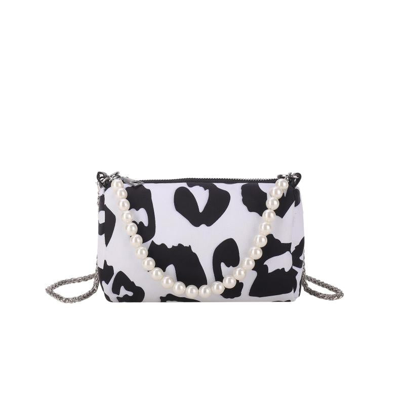 Leopard Pattern Chain Crossbody Bag Metal Pearl Purse Underarm Shoulder Bag