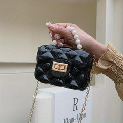 Argyle Pattern Jelly Crossbody Bag with Faux Pearl Handle