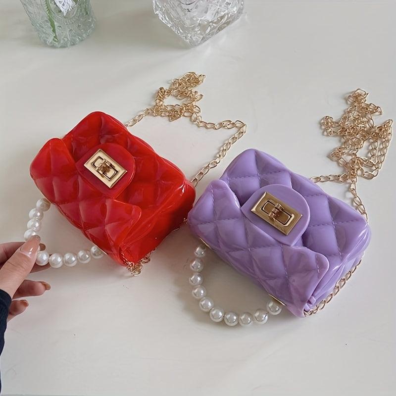 Argyle Pattern Jelly Crossbody Bag with Faux Pearl Handle