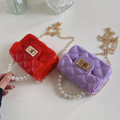 Argyle Pattern Jelly Crossbody Bag with Faux Pearl Handle