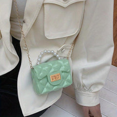 Argyle Pattern Jelly Crossbody Bag with Faux Pearl Handle