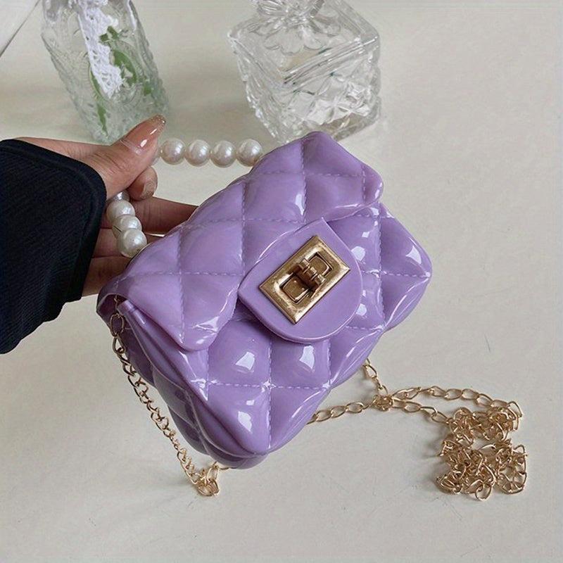 Argyle Pattern Jelly Crossbody Bag with Faux Pearl Handle