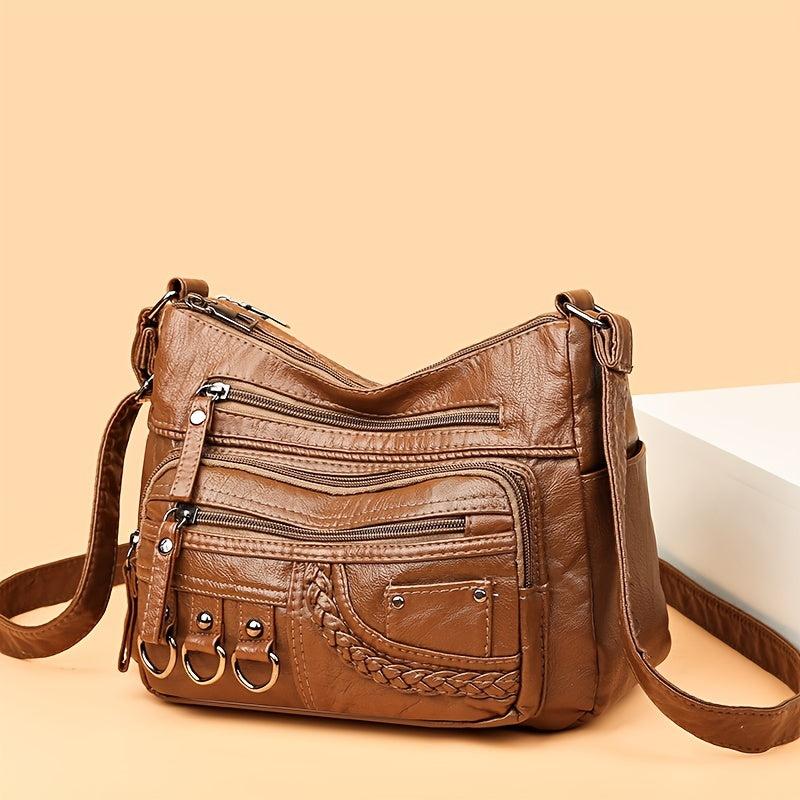 Vintage Zipper Shoulder Bag Soft PU Leather Purse Crossbody Bag