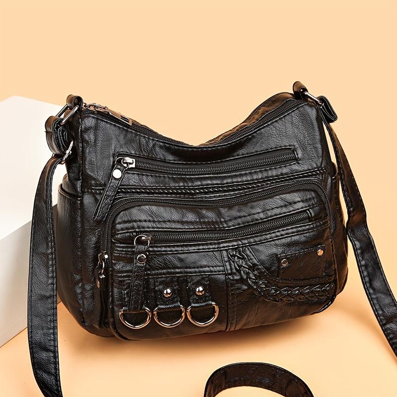 Vintage Zipper Shoulder Bag Soft PU Leather Purse Crossbody Bag