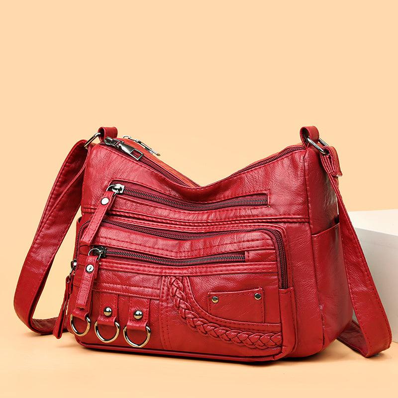 Vintage Zipper Shoulder Bag Soft PU Leather Purse Crossbody Bag