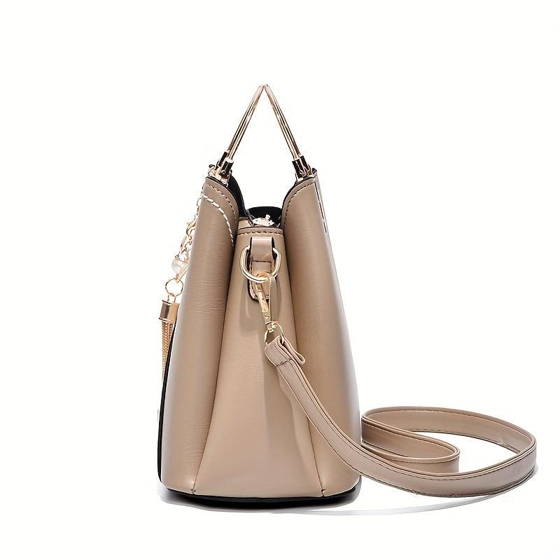 Colorblock Tote Bag Classic Shoulder Satchel With Tassel Pendant
