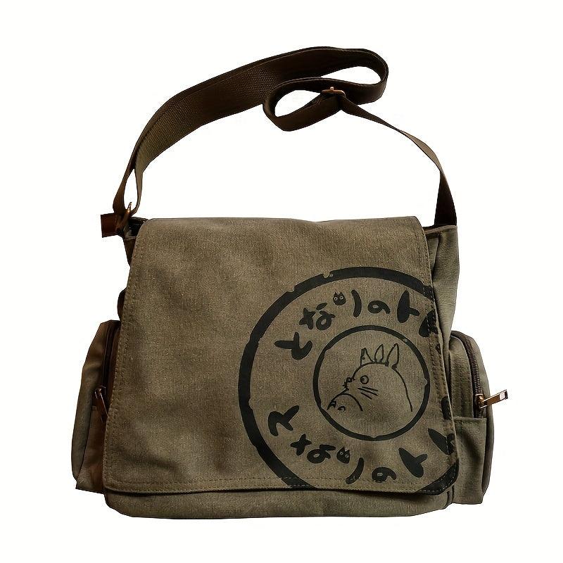 Vintage Canvas Messenger Bag Cartoon Print Crossbody Bag For School & Travel