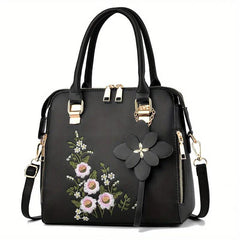 Floral Detail Shoulder Bag Zipper Handbag For Work Casual Crossbody Bag