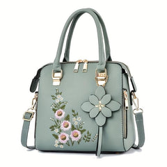 Floral Detail Shoulder Bag Zipper Handbag For Work Casual Crossbody Bag