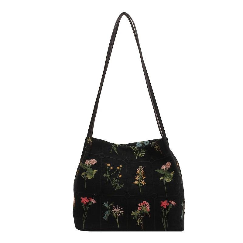 Vintage Floral Embroidery Shoulder Bag Daily Bucket Handbag for Women
