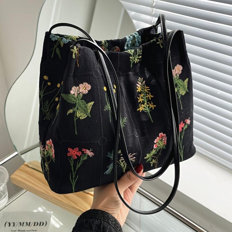 Vintage Floral Embroidery Shoulder Bag Daily Bucket Handbag for Women