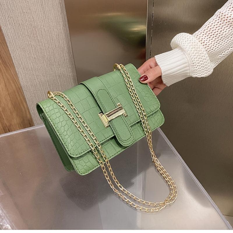 Crocodile Embossed Shoulder Bag Women's Buckle Decor Crossbody Bag Chain