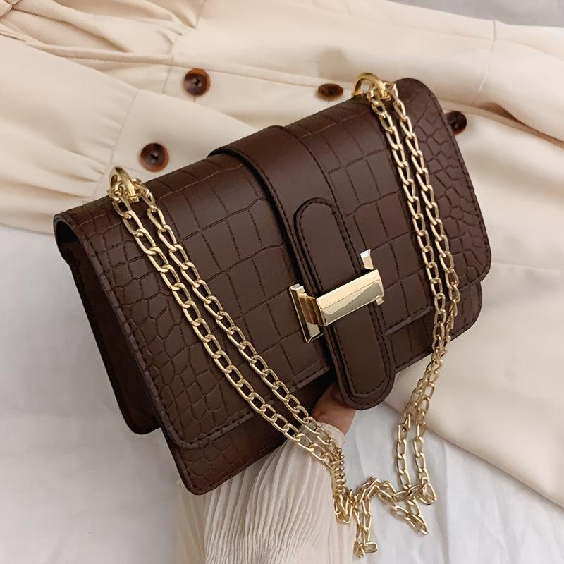 Crocodile Embossed Shoulder Bag Women's Buckle Decor Crossbody Bag Chain