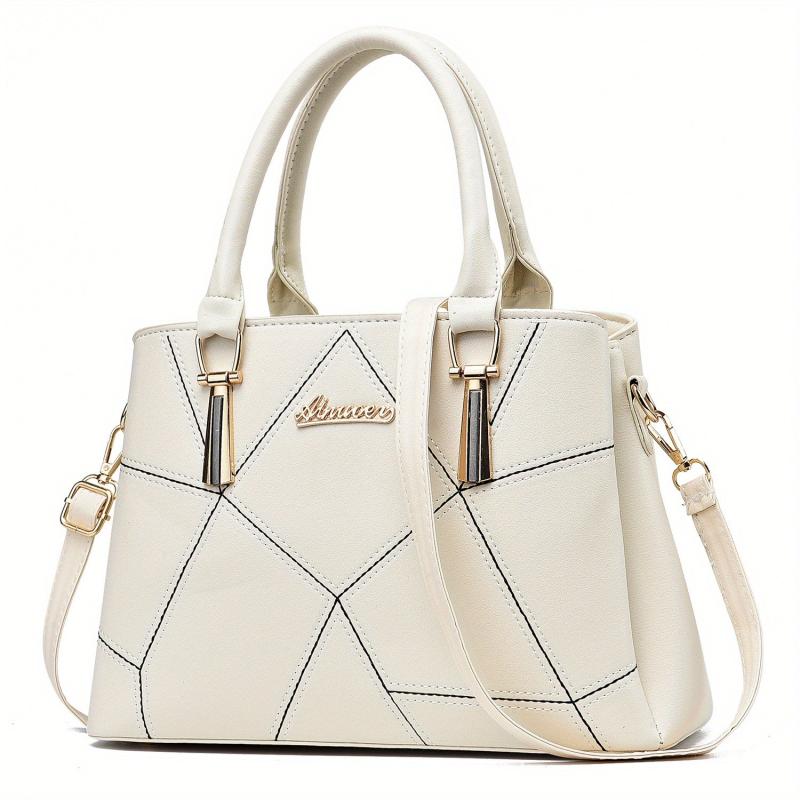 Geometric Stitch Handbag Scarf & Pom Pom Ball Decor Shoulder Bag