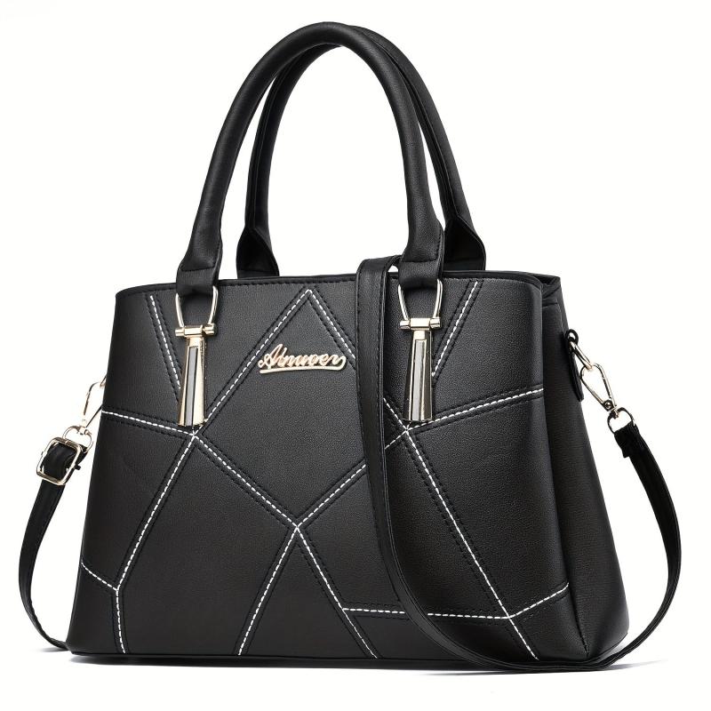 Geometric Stitch Handbag Scarf & Pom Pom Ball Decor Shoulder Bag