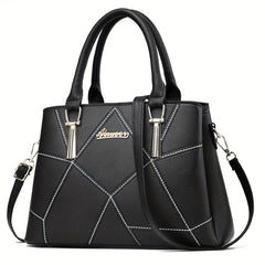 Geometric Stitch Handbag Scarf & Pom Pom Ball Decor Shoulder Bag