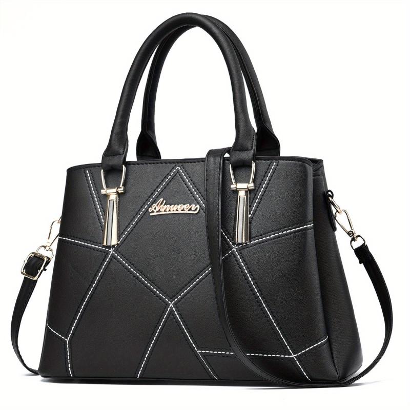 Geometric Stitch Handbag Scarf & Pom Pom Ball Decor Shoulder Bag